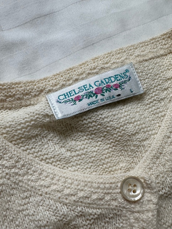 Chelsea Gardens Sweaters - 80s 90s Vintage Cream Knit Button-Front Sweater Cottagecore 100% Cotton